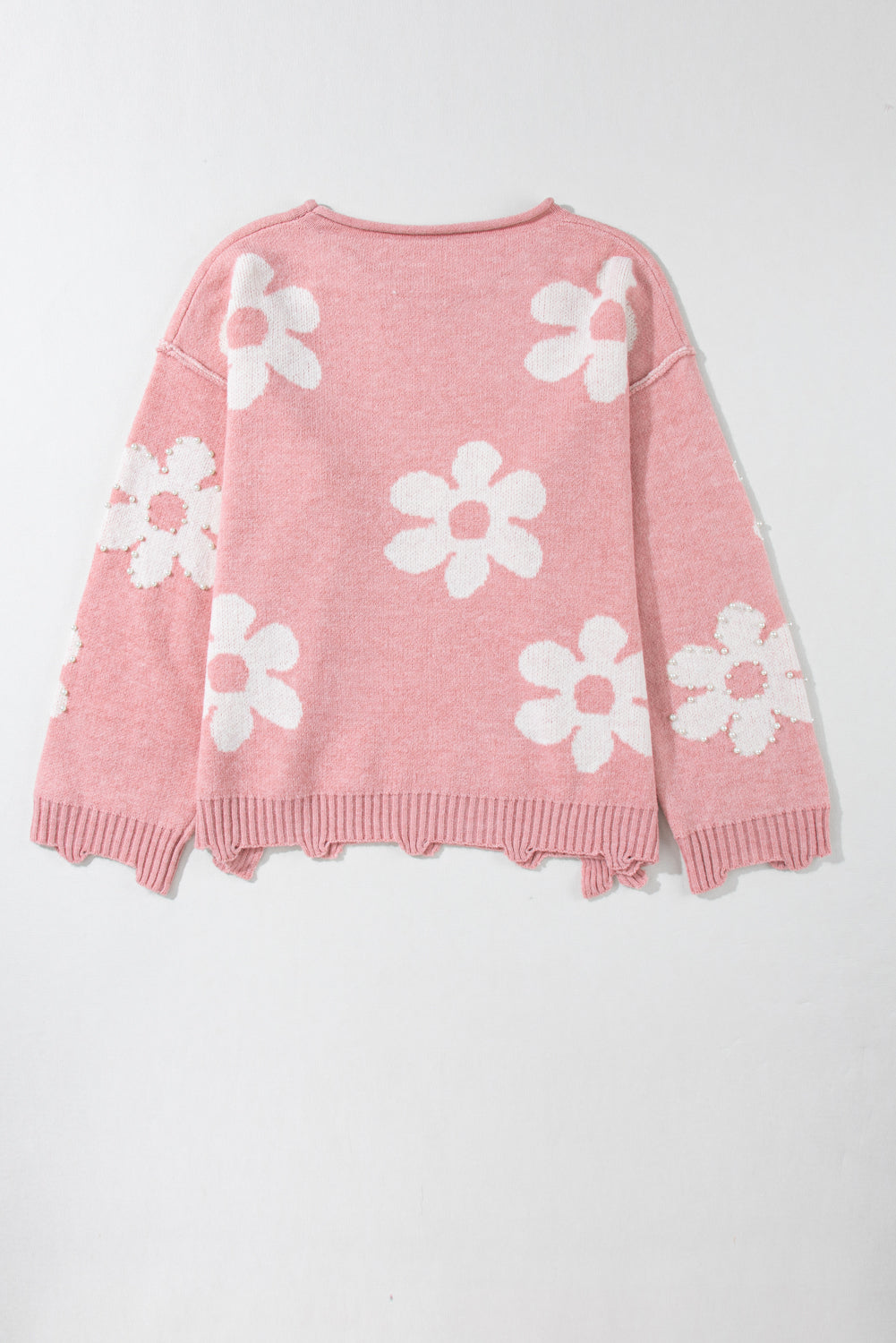 Pearl Trim Flower Round Neck Sweater