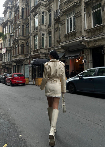 Chic Beige Cut-out Blazer and Frayed Skirt Set - Contemporary Street Style