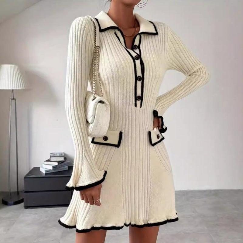 Contrast Color Classic Style Elegant Slim Knit Dress