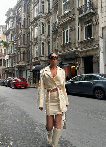 Chic Beige Cut-out Blazer and Frayed Skirt Set - Contemporary Street Style