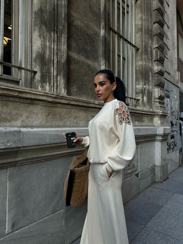 "Elegant Beige Modal Suit with Embellished Shoulder Detail - Luxe Streetstyle