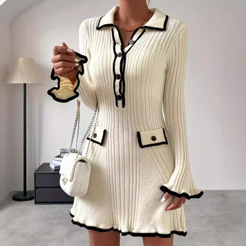 Contrast Color Classic Style Elegant Slim Knit Dress