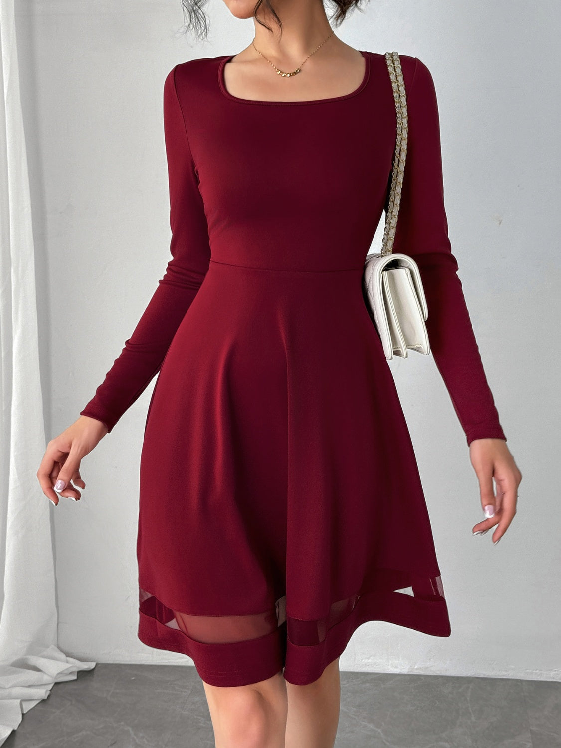 Square Neck Long Sleeve Mini Dress