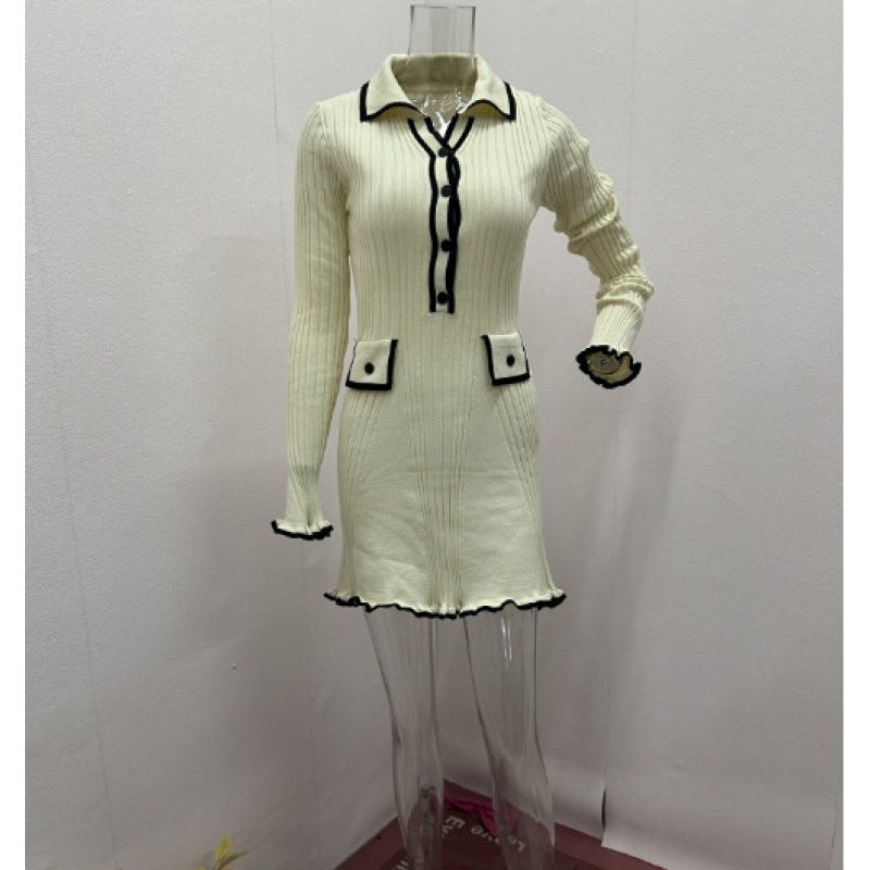 Contrast Color Classic Style Elegant Slim Knit Dress