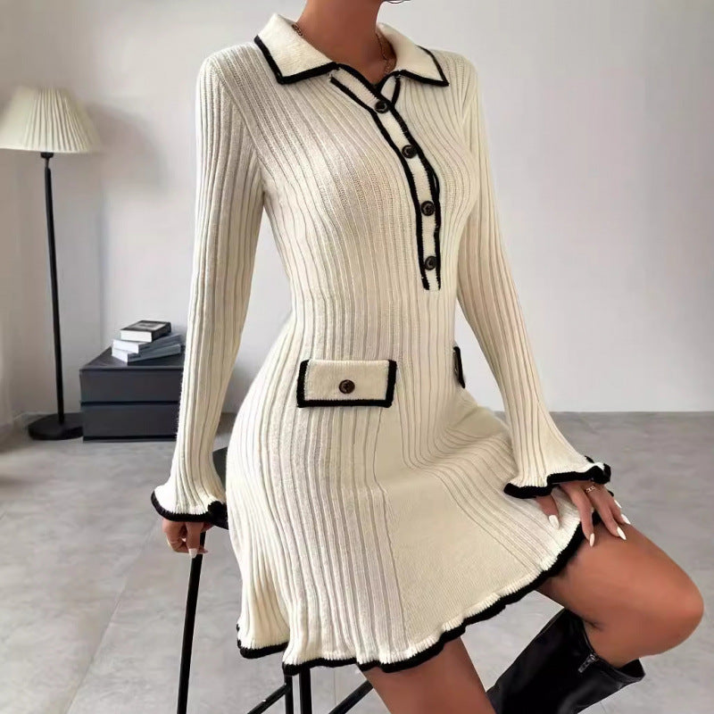 Contrast Color Classic Style Elegant Slim Knit Dress